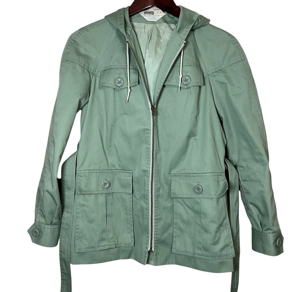 VTG 70s Montgomery Ward Utility Jacket Women Sz Small Green Hood Belt Safari 80s - Picture 2 of 15